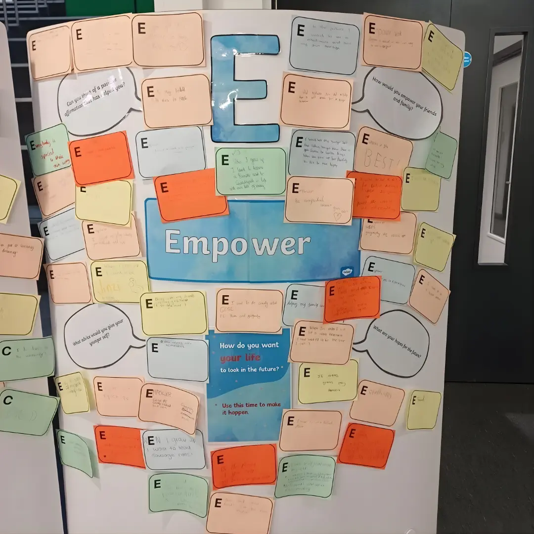 SEND support classroom display showing student empowerment board with feedback and learning reflections