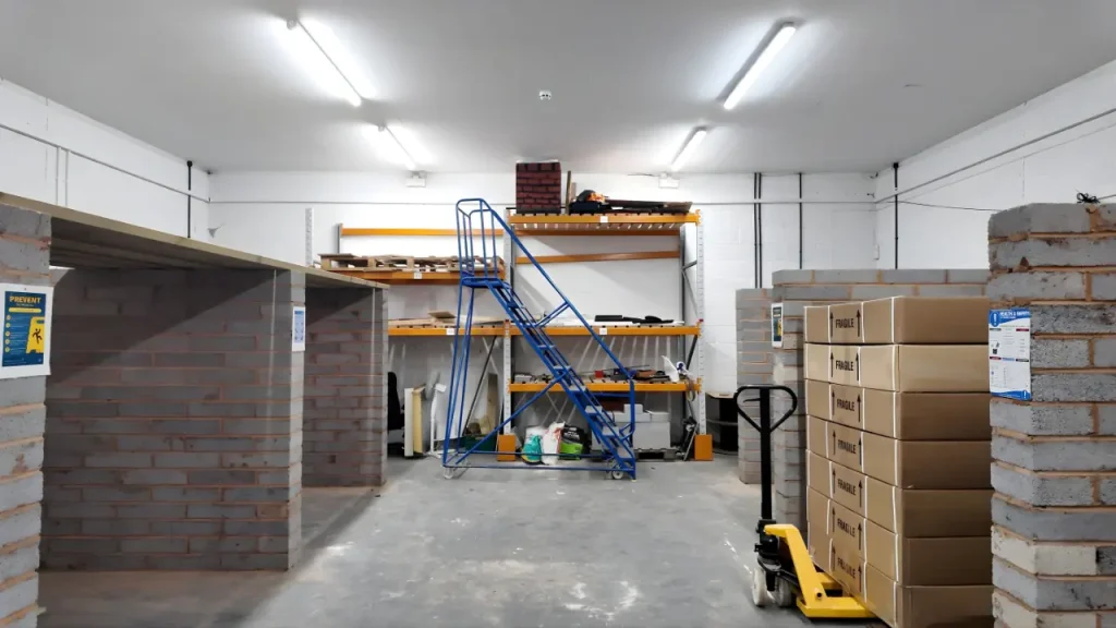 Warehouse training environment for vocational SEND learning with storage, tools and practical workspace